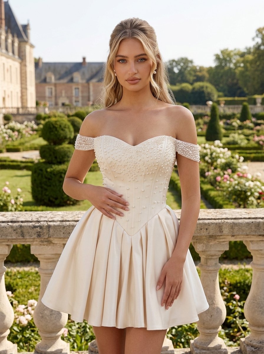 Ivory Pearl-Embellished Off-The-Shoulder Corset Homecoming Dress 