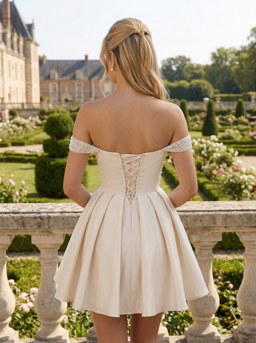 Ivory Pearl-Embellished Off-The-Shoulder Corset Homecoming Dress 