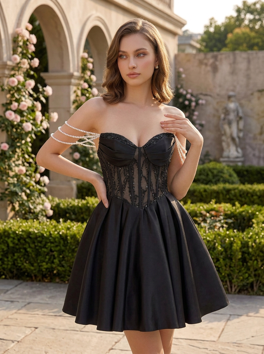Midnight Black Pearl-Accented Corset Homecoming Dress with Draped Sleeves