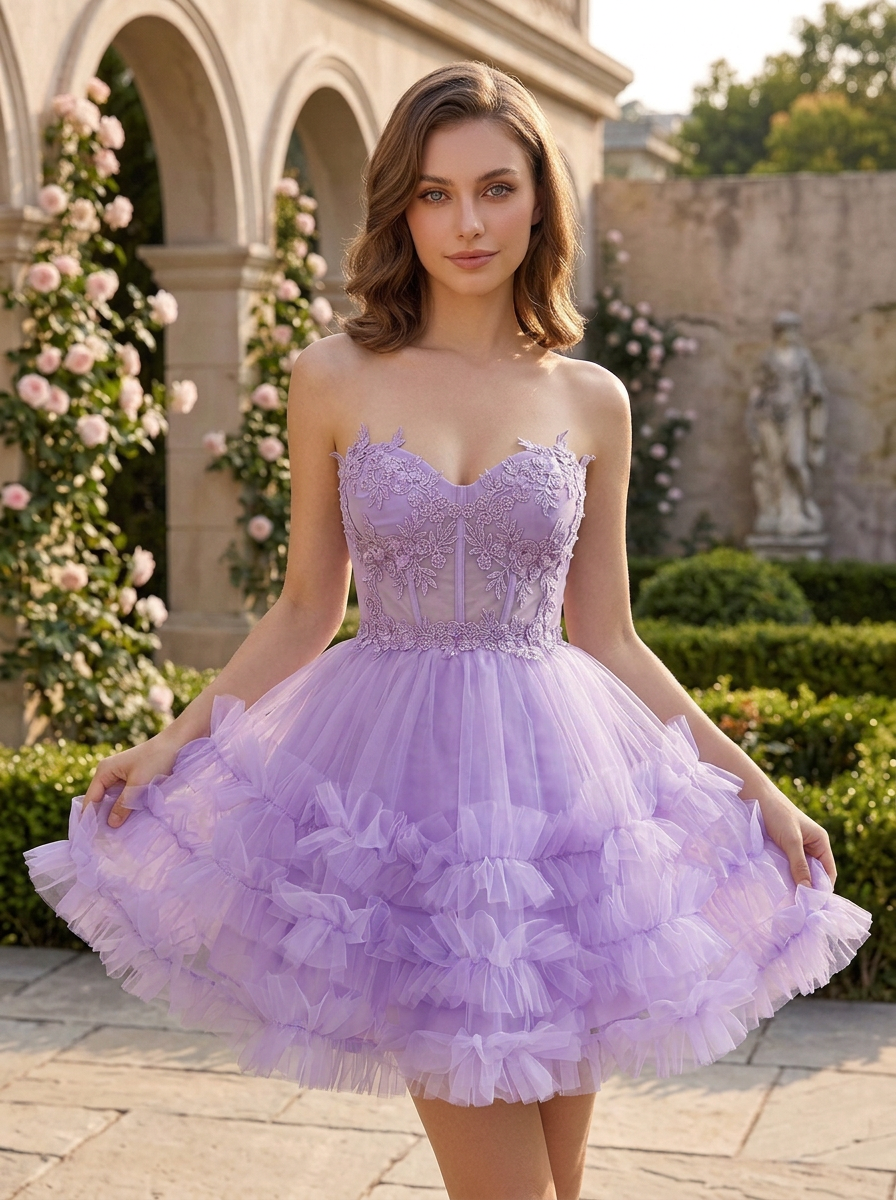 Lavender Floral Lace Corset Ruffled Tulle Sweetheart A-Line Homecoming Dress