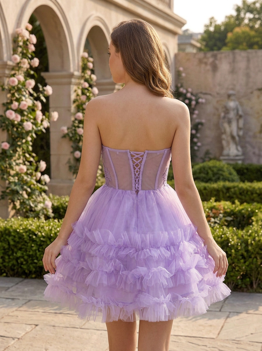 Lavender Floral Lace Corset Ruffled Tulle Sweetheart A-Line Homecoming Dress