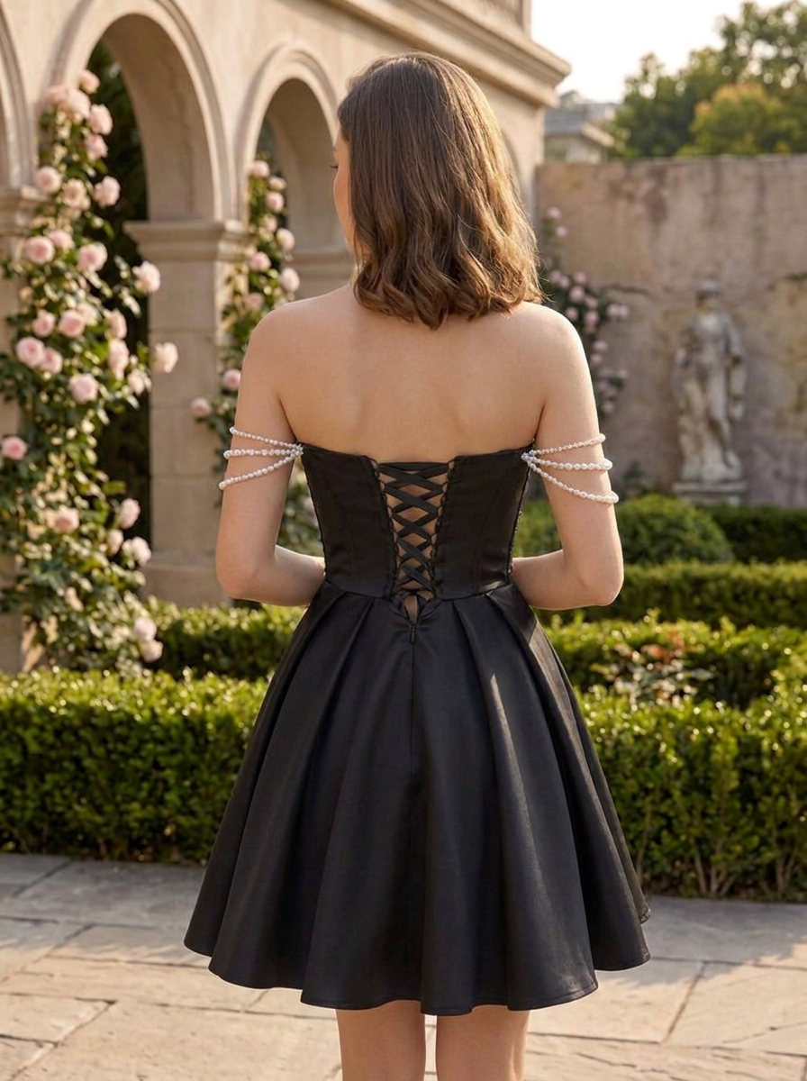 Midnight Black Pearl-Accented Corset Homecoming Dress with Draped Sleeves
