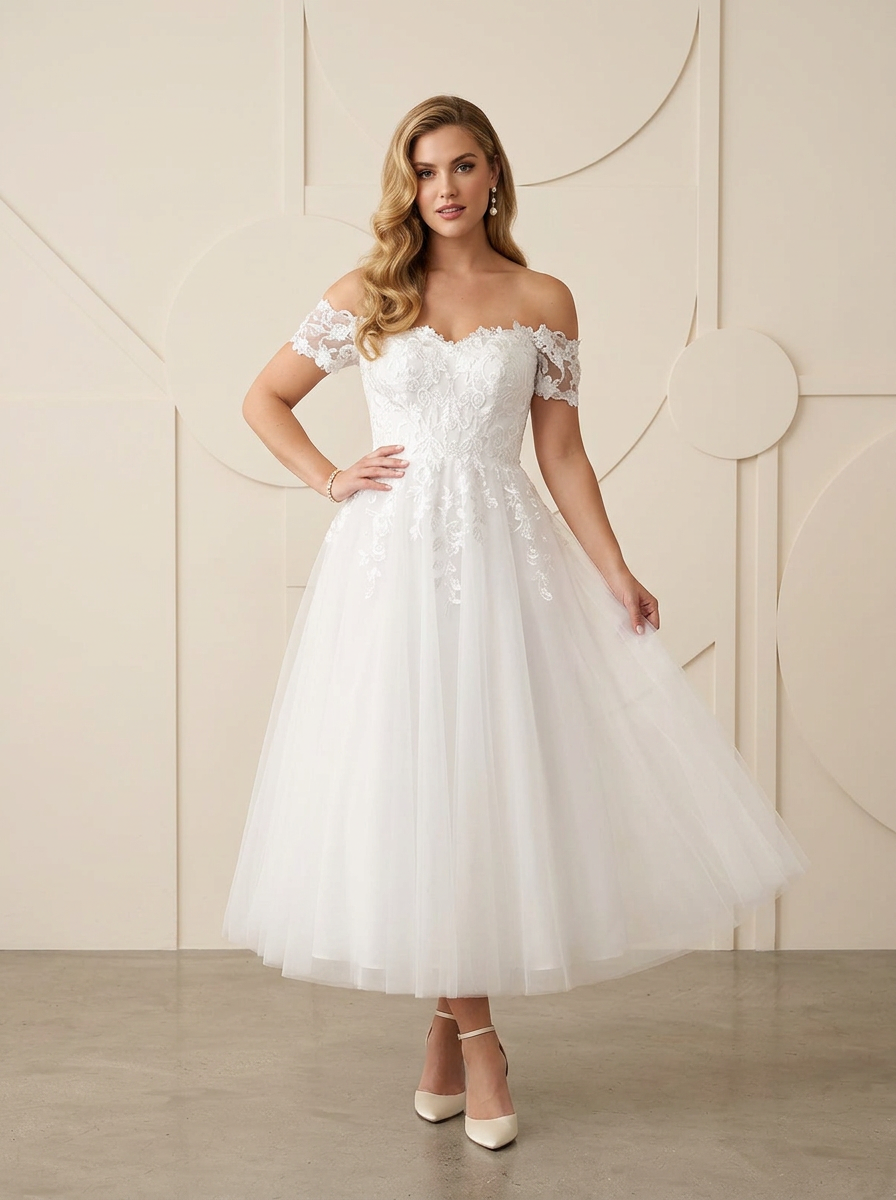 Classic White Off-The-Shoulder Lace Appliqué Midi Wedding Dress