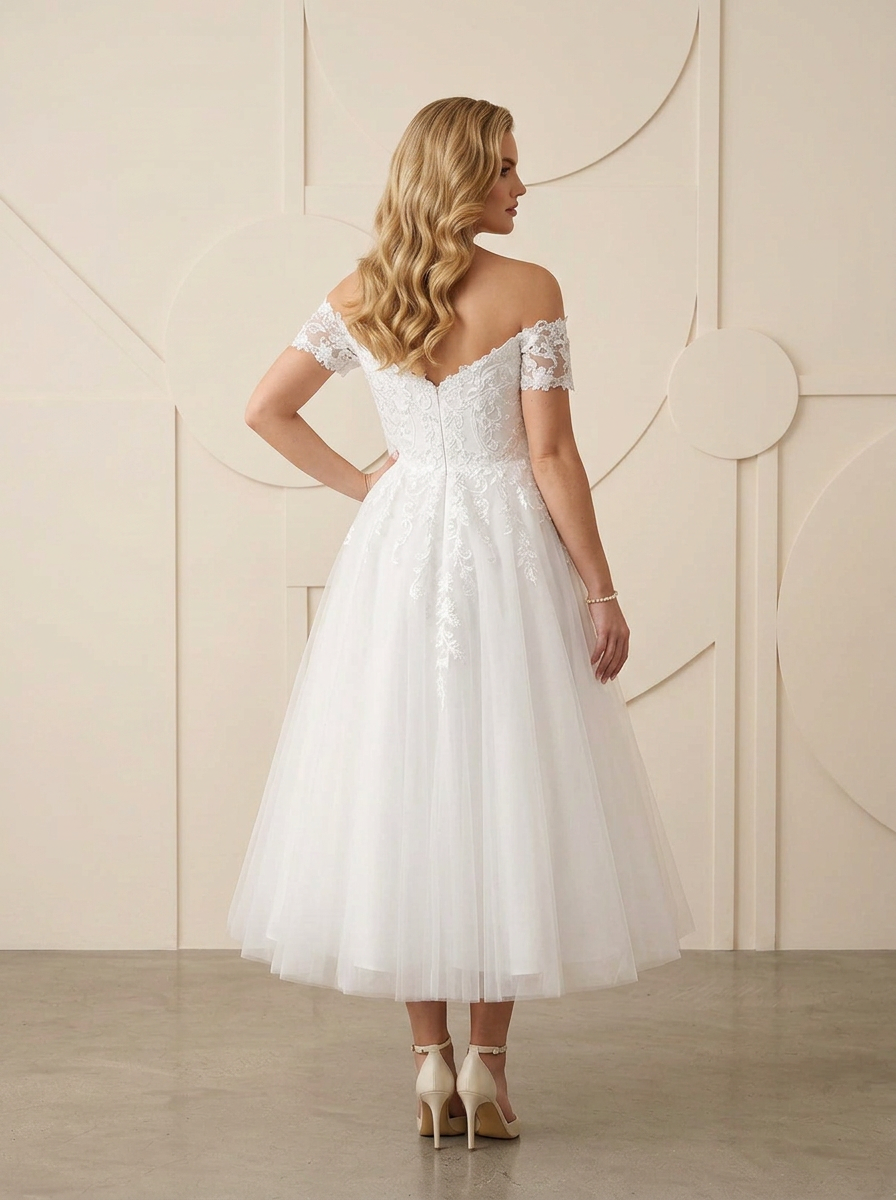 Classic White Off-The-Shoulder Lace Appliqué Midi Wedding Dress