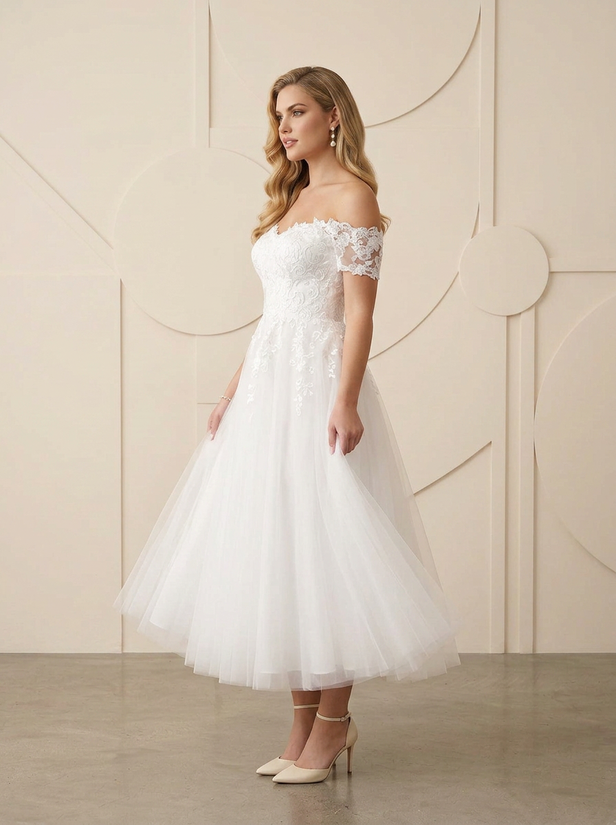 Classic White Off-The-Shoulder Lace Appliqué Midi Wedding Dress