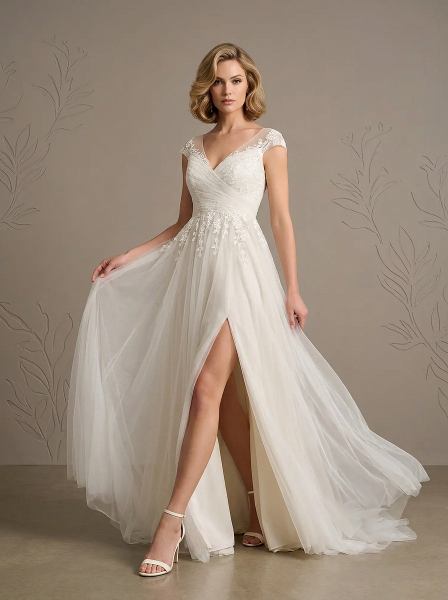 Ethereal White V-Neck Tulle A-Line Wedding Dress with High Slit