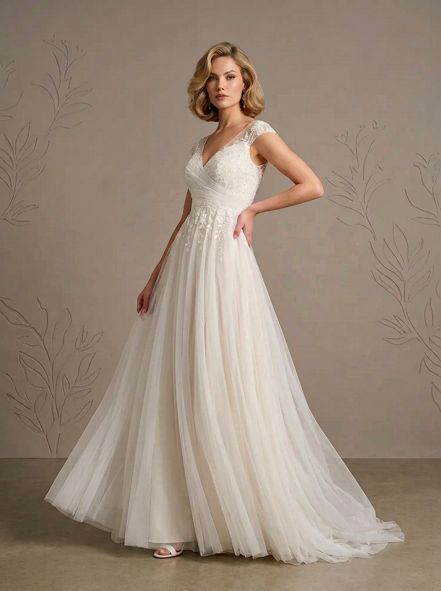 Ethereal White V-Neck Tulle A-Line Wedding Dress with High Slit
