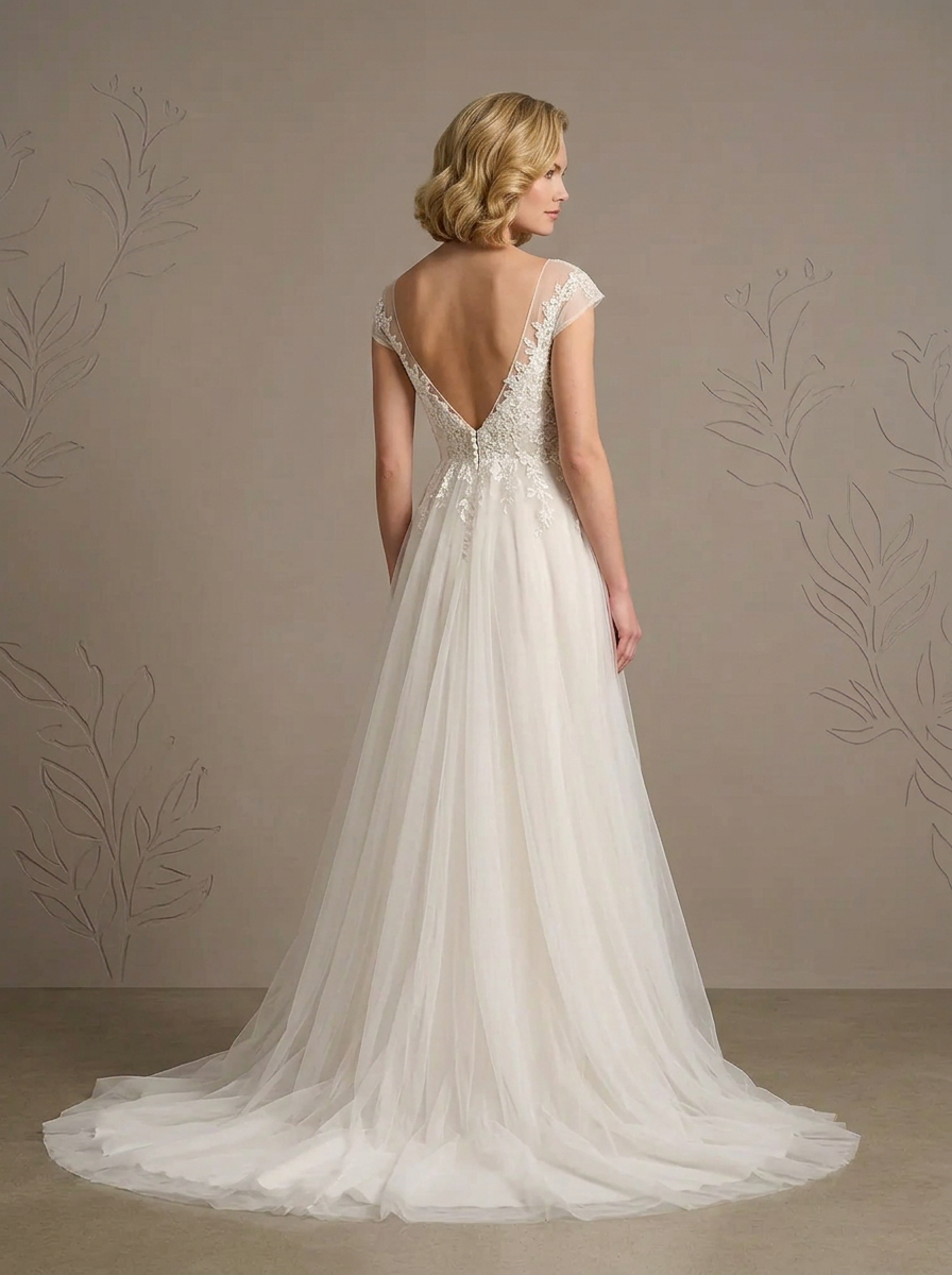 Ethereal White V-Neck Tulle A-Line Wedding Dress with High Slit