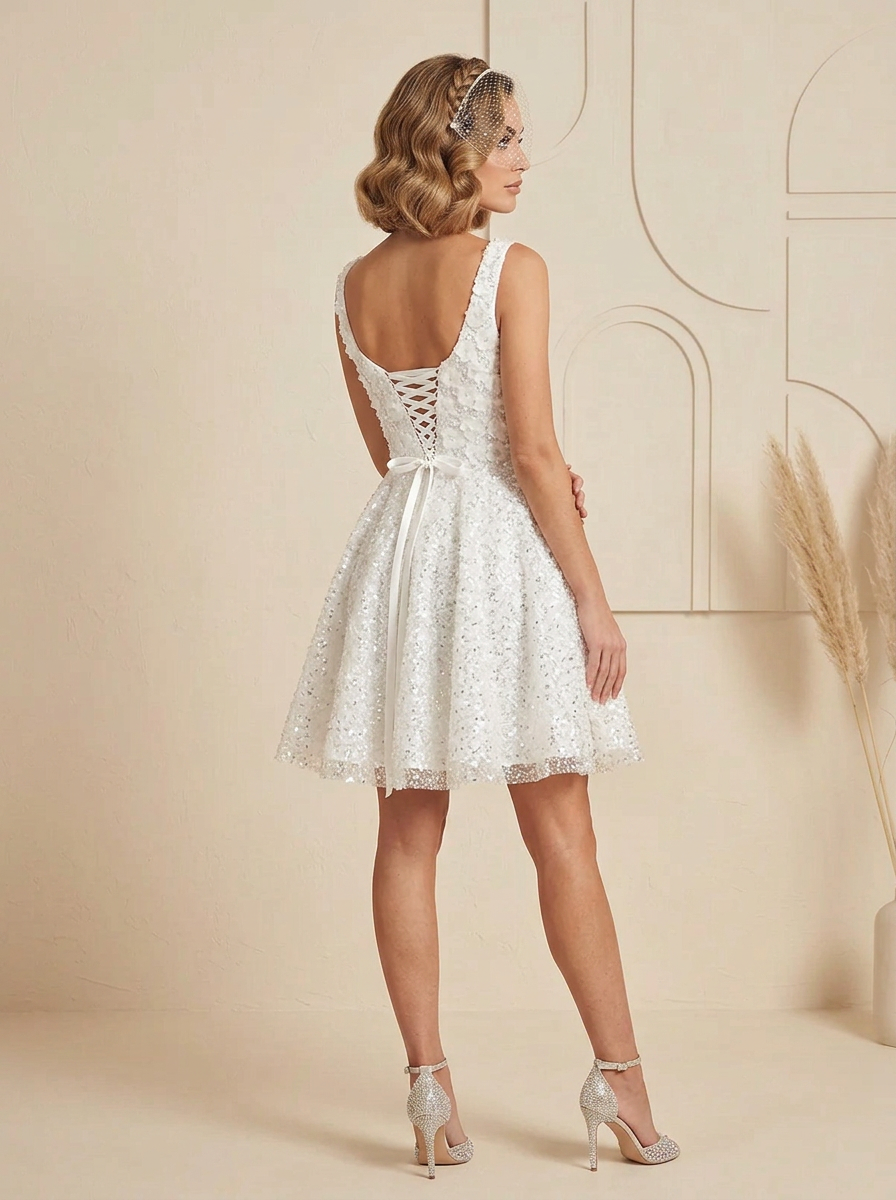 Sparkling White Floral Sequin Corset Square Neckline Mini Wedding Dress