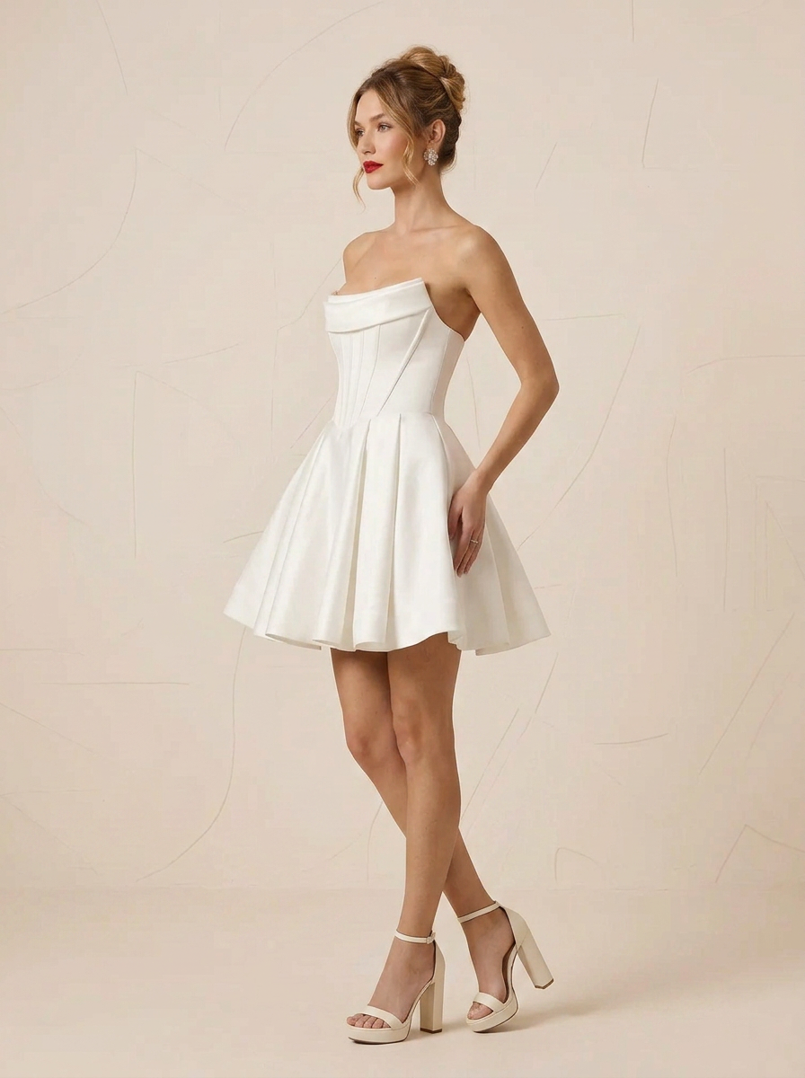 Pristine White Strapless Structured Corset Mini Wedding Dress