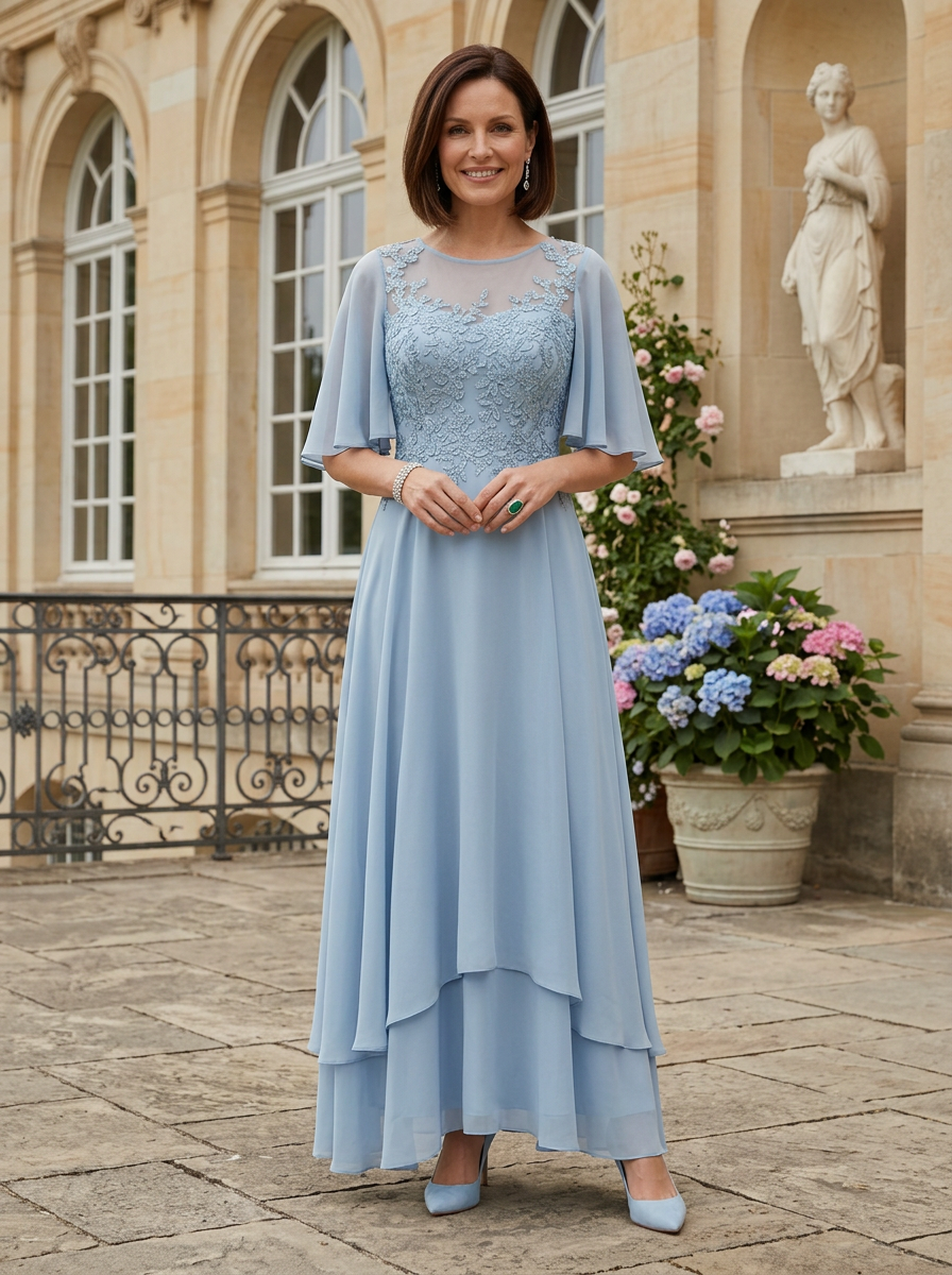 Dusty Blue Lace Appliqué Illusion Sleeve A-Line Mother of the Bride & Groom Dresses