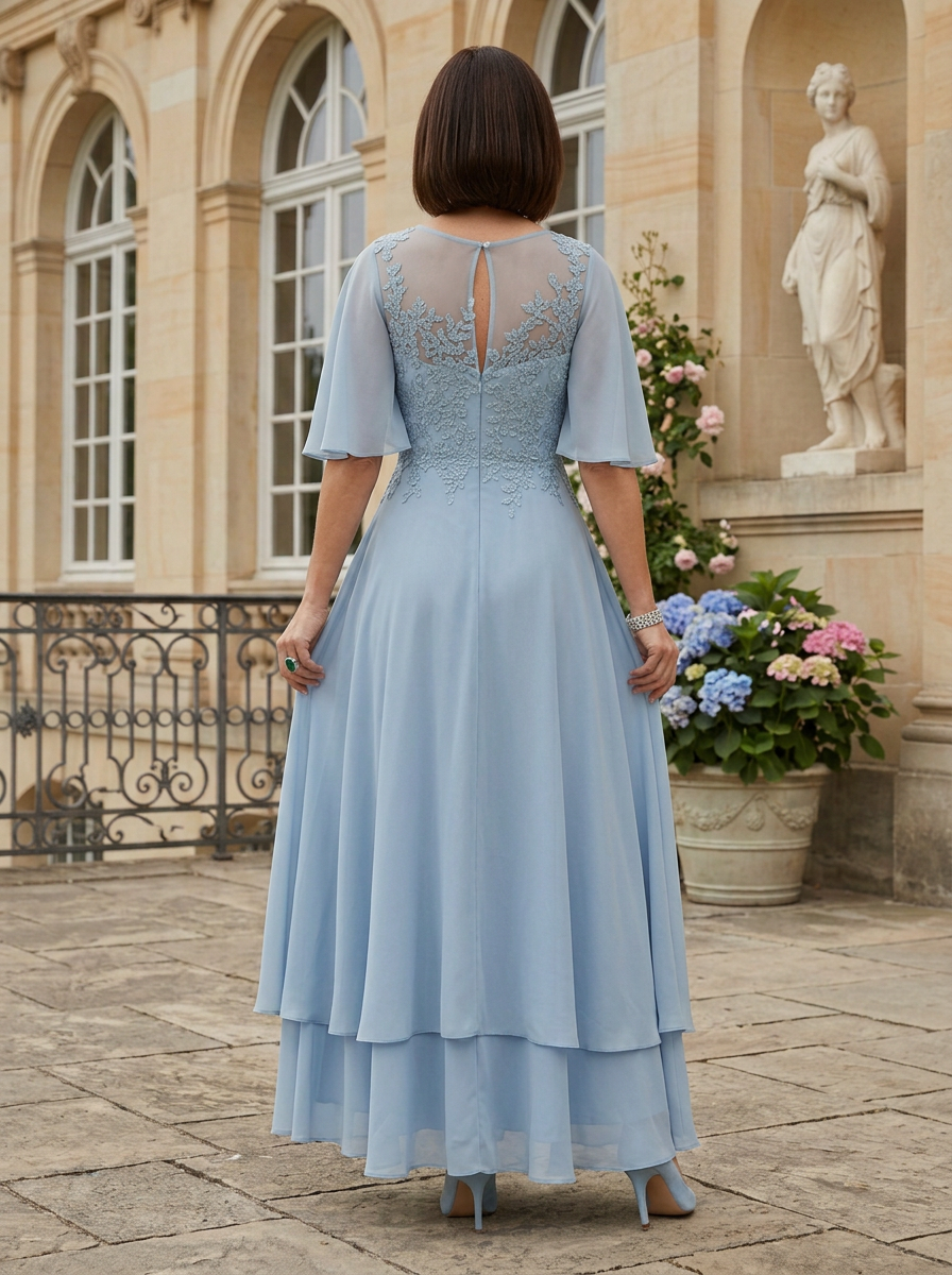 Dusty Blue Lace Appliqué Illusion Sleeve A-Line Mother of the Bride & Groom Dresses