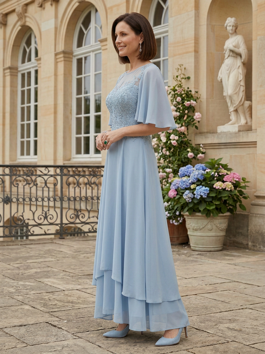 Dusty Blue Lace Appliqué Illusion Sleeve A-Line Mother of the Bride & Groom Dresses