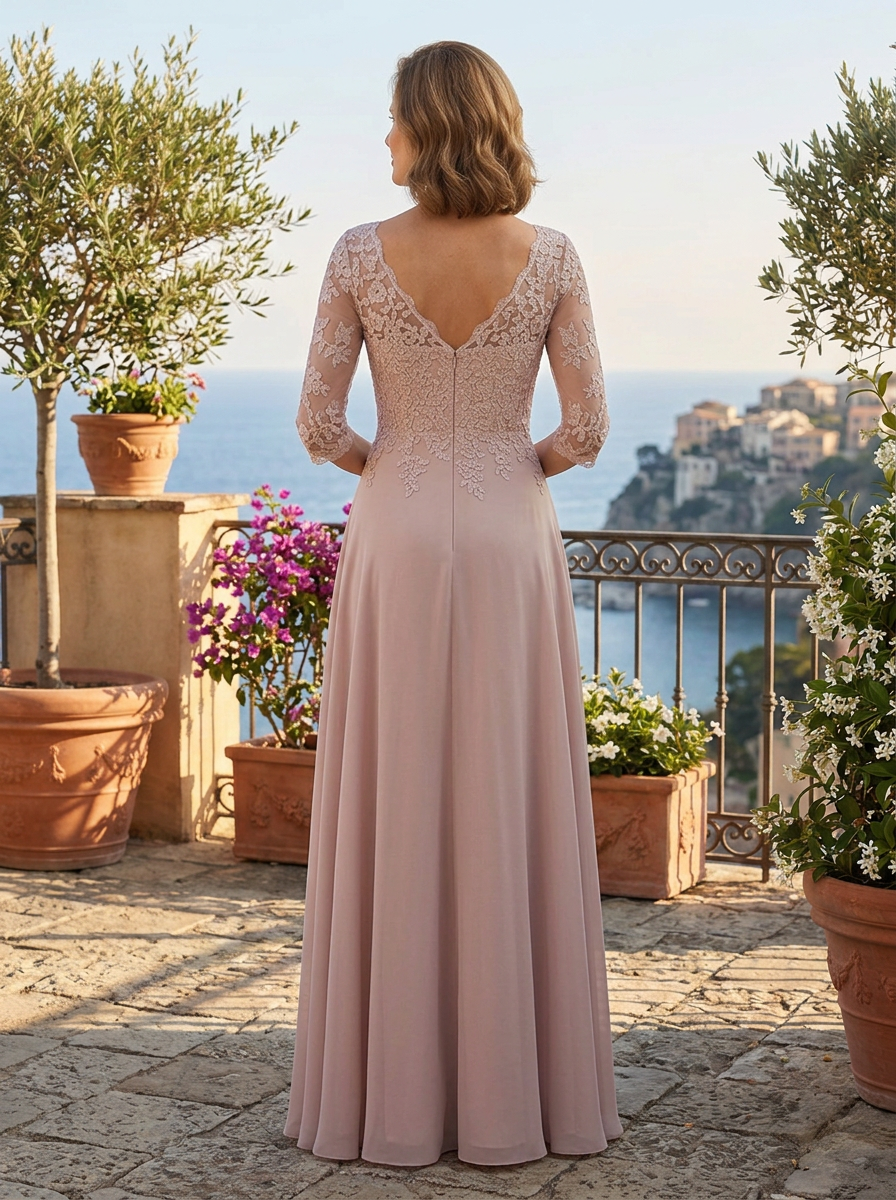 Blushing Pink Lace Appliqué Three-Quarter Sleeve V-Neck A-Line Mother of the Bride & Groom Dresses