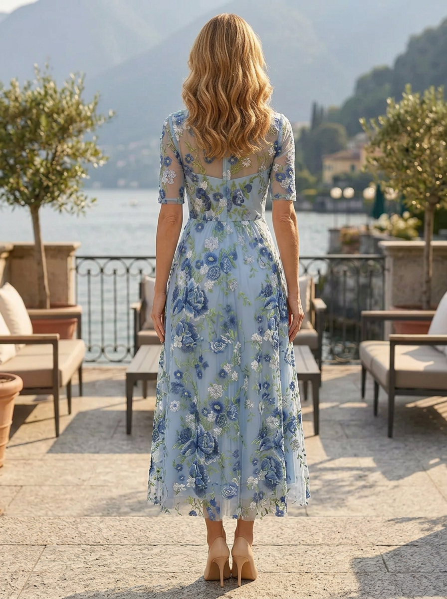 Dusty Blue Floral Embroidered Sheer-Sleeve A-Line Midi Mother of the Bride & Groom Dresses