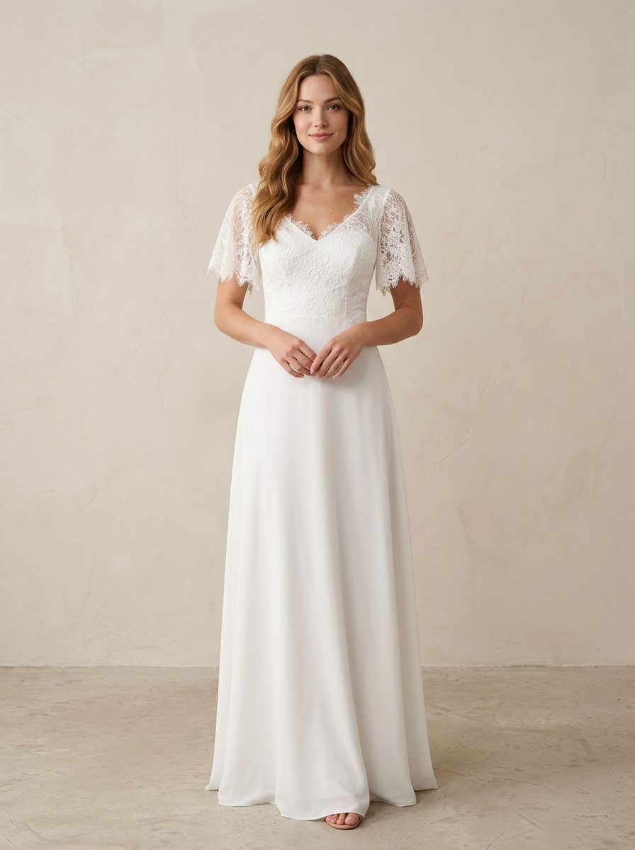 Ethereal Ivory Lace Flutter Sleeve A-Line V-Neck Wedding Dress
