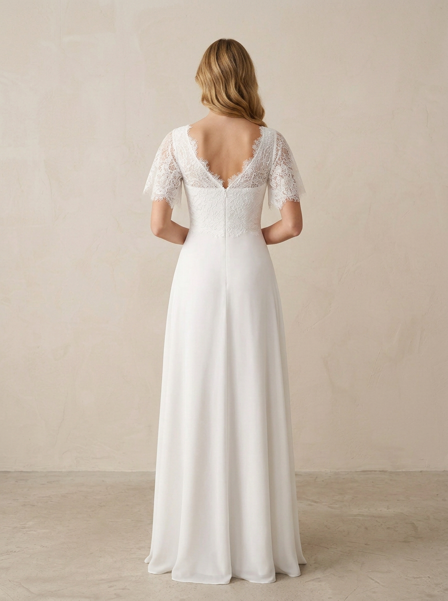 Ethereal Ivory Lace Flutter Sleeve A-Line V-Neck Wedding Dress