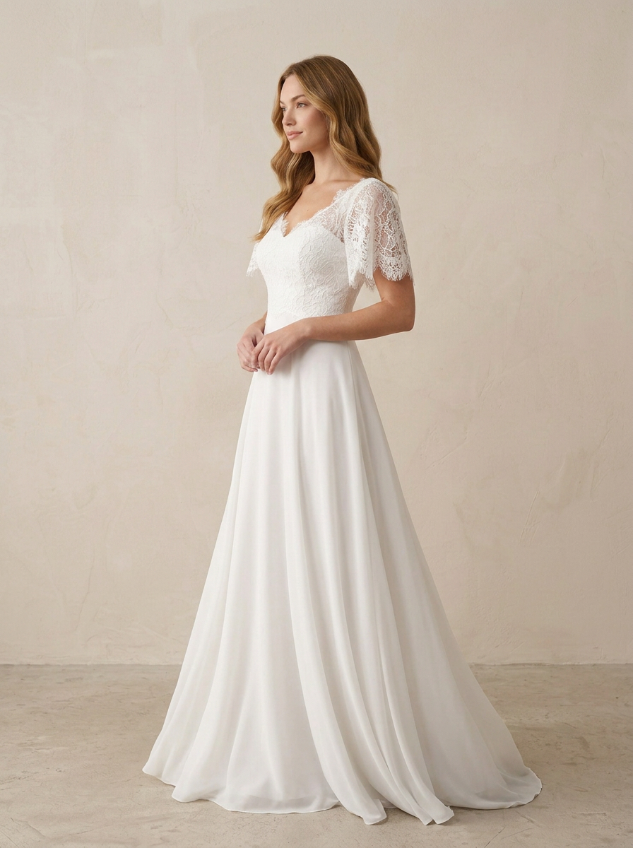 Ethereal Ivory Lace Flutter Sleeve A-Line V-Neck Wedding Dress