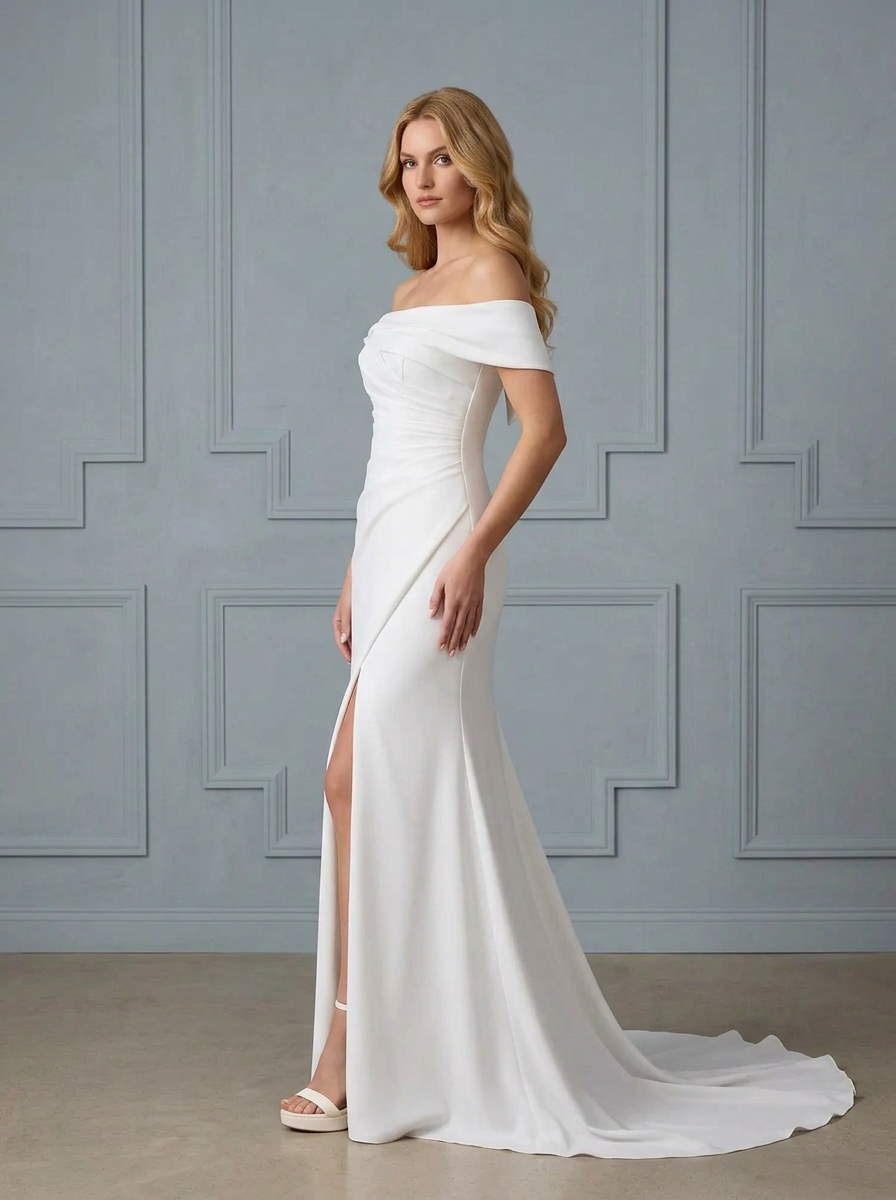 Luminous Ivory Off-The-Shoulder Draped Slit Wedding Dress
