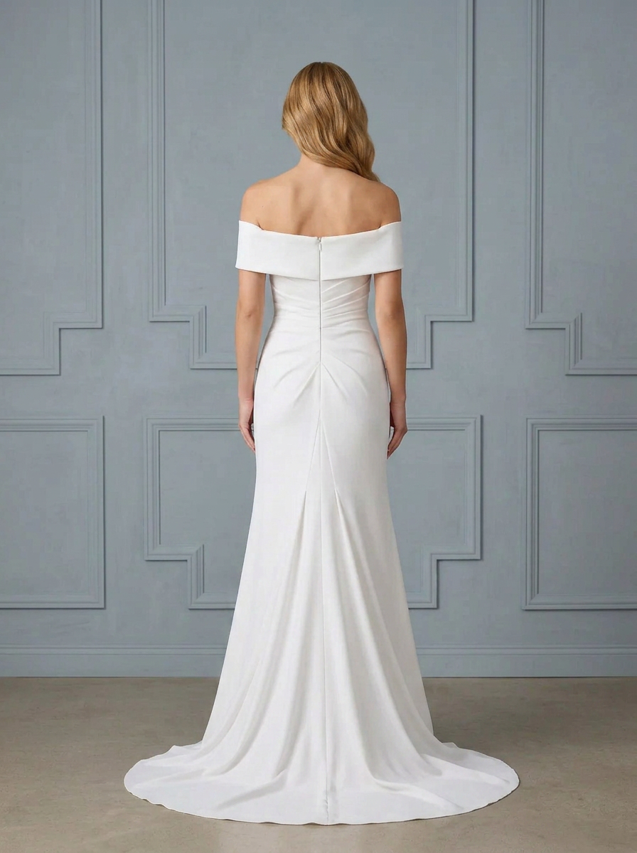 Luminous Ivory Off-The-Shoulder Draped Slit Wedding Dress