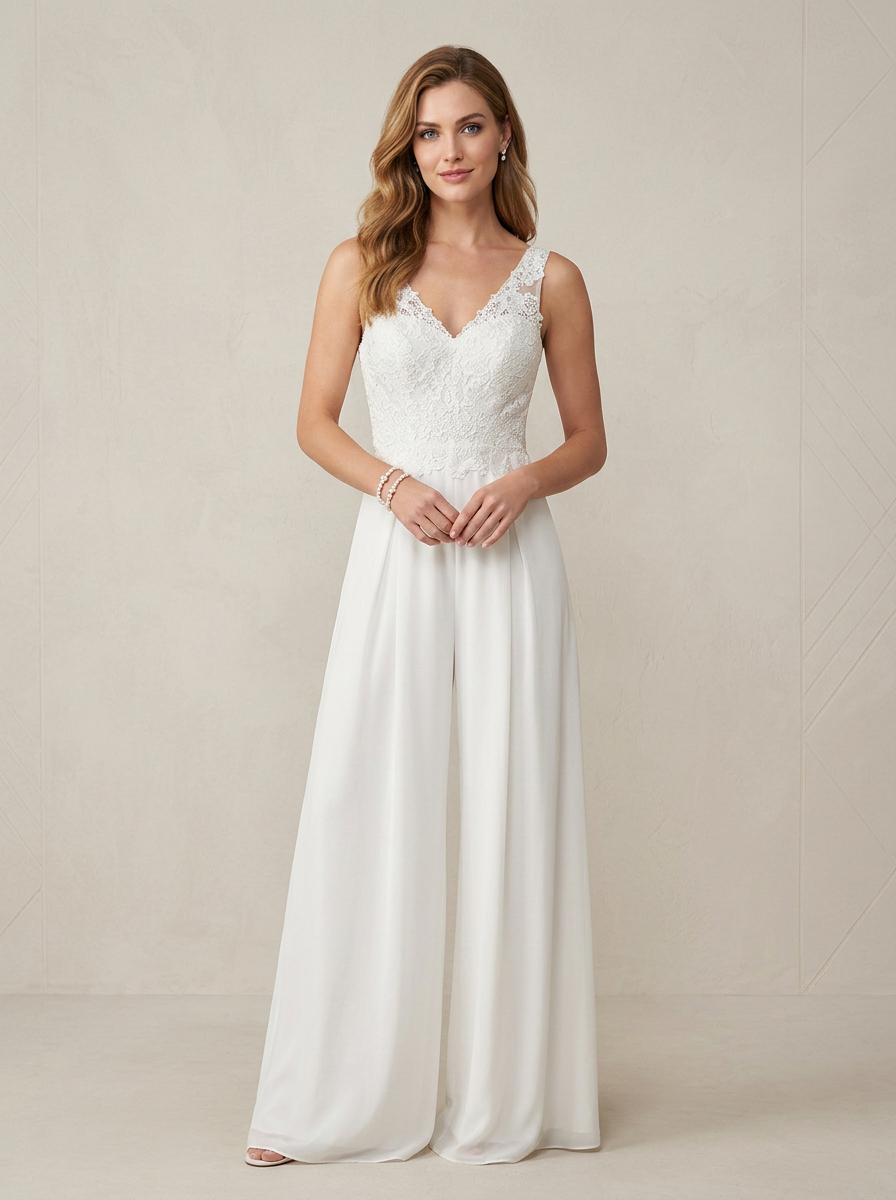 Ethereal Ivory Lace Bodice Wide-Leg V-Neck Jumpsuit Wedding Dress