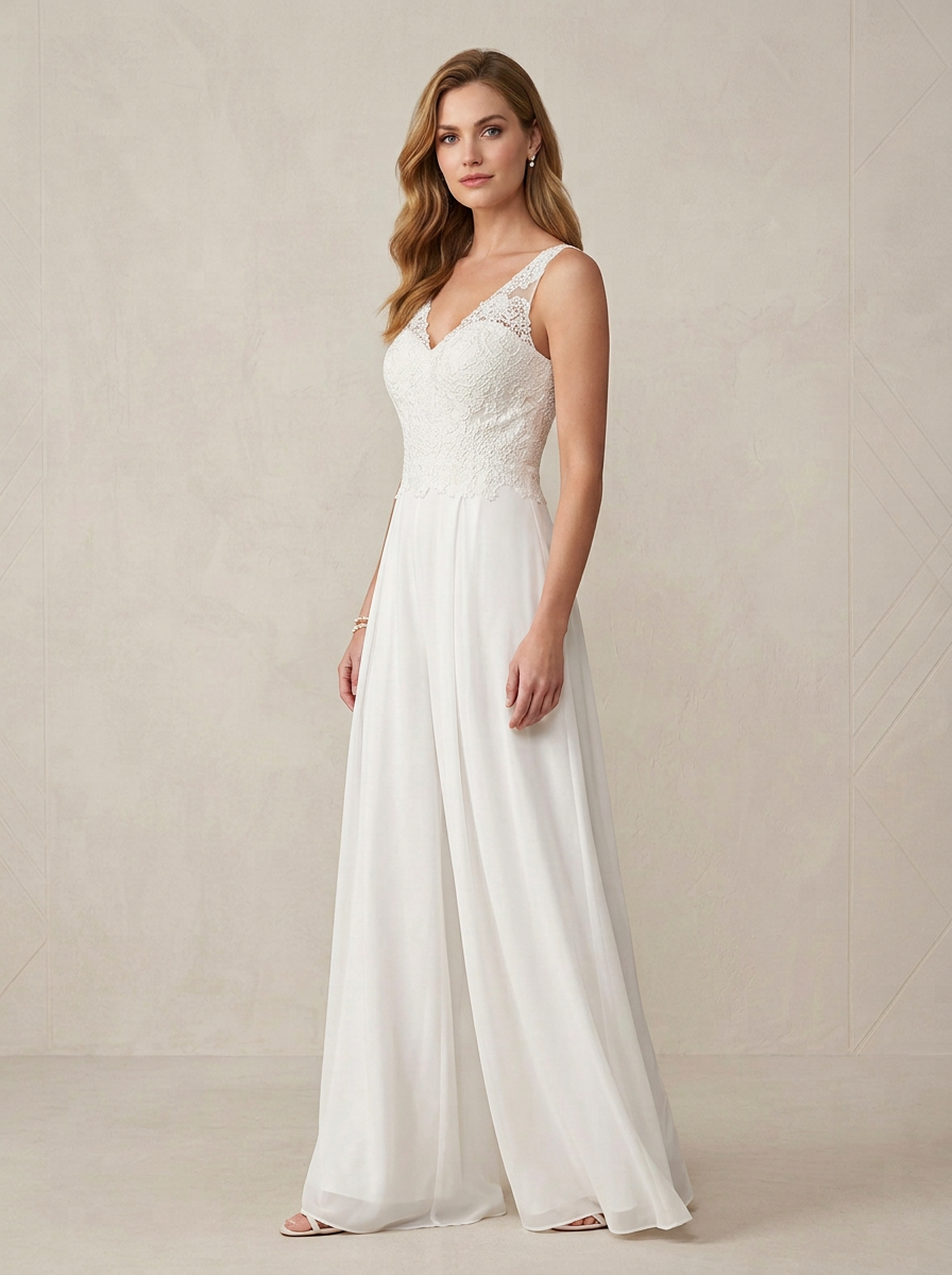 Ethereal Ivory Lace Bodice Wide-Leg V-Neck Jumpsuit Wedding Dress