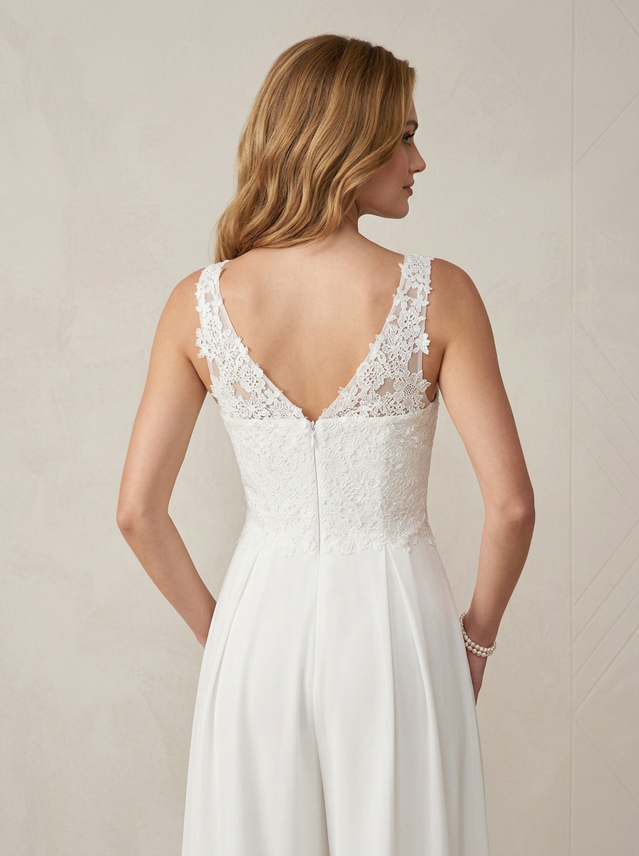 Ethereal Ivory Lace Bodice Wide-Leg V-Neck Jumpsuit Wedding Dress