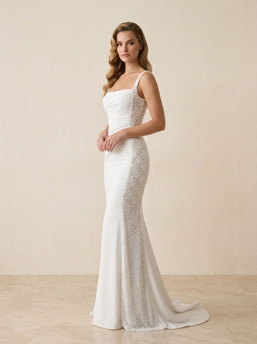 Luminous Ivory Square Neck Beaded Panel Square Neckline Sheath Wedding Dress