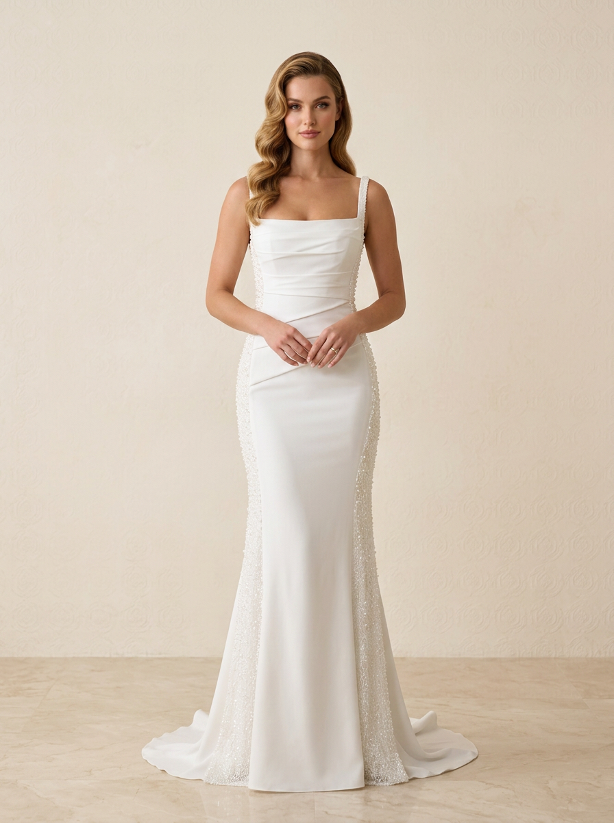 Luminous Ivory Square Neck Beaded Panel Square Neckline Sheath Wedding Dress