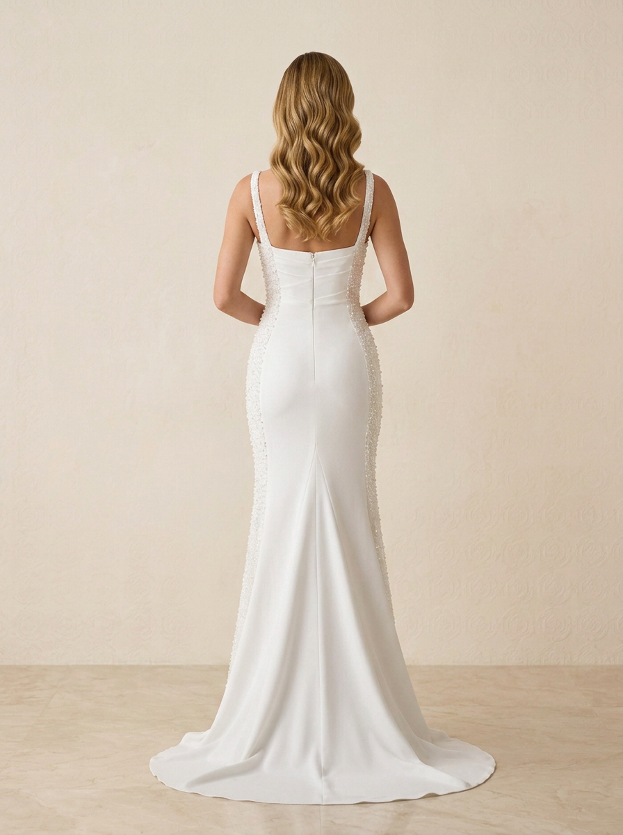 Luminous Ivory Square Neck Beaded Panel Square Neckline Sheath Wedding Dress