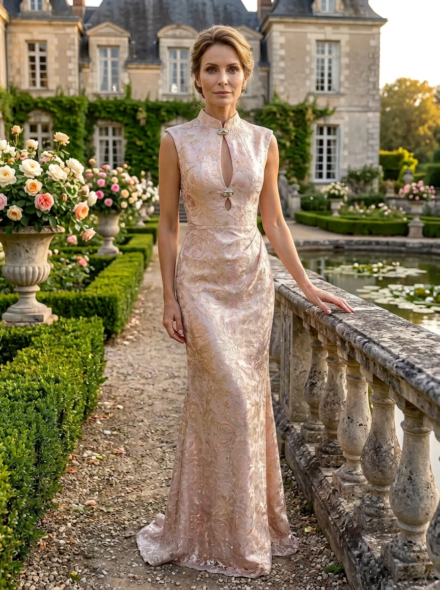Luminous Blush Brocade Mock-Neck Keyhole Column Mother of the Bride & Groom Dresses