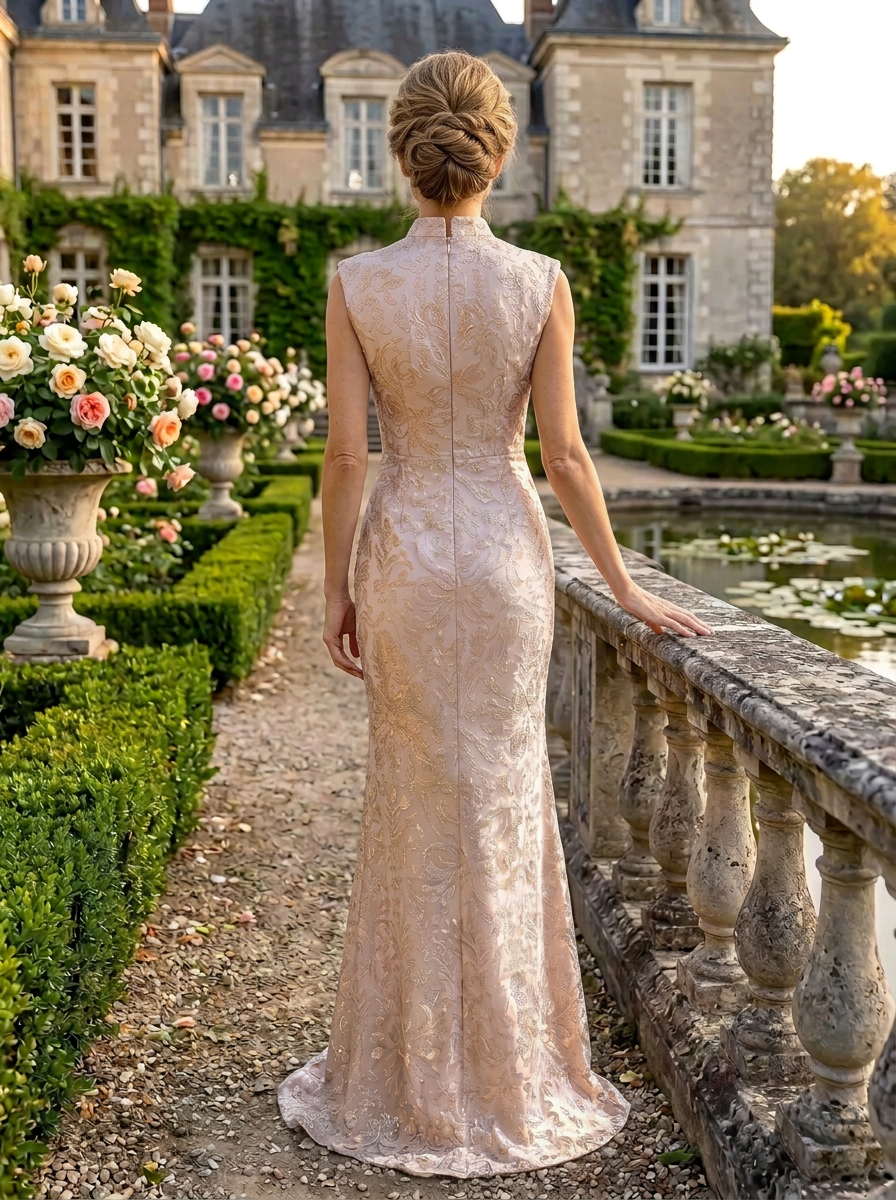 Luminous Blush Brocade Mock-Neck Keyhole Column Mother of the Bride & Groom Dresses