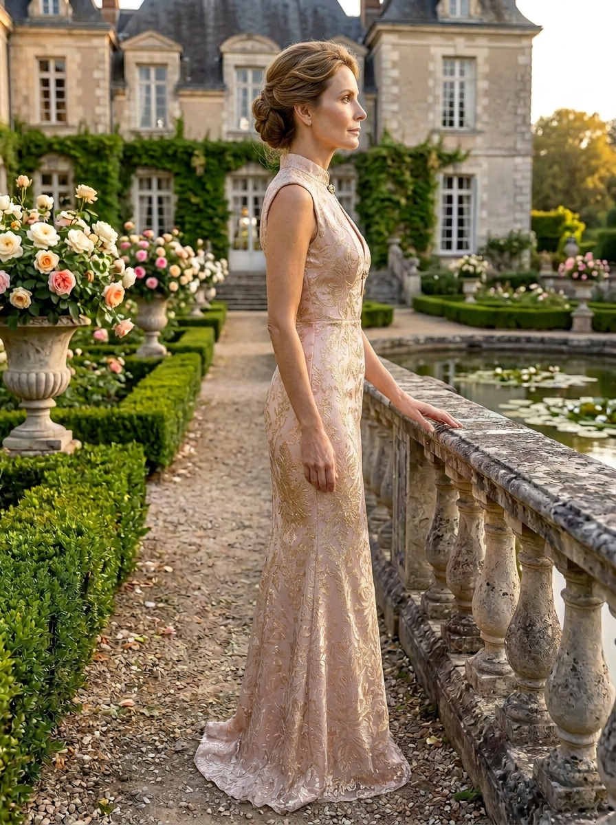 Luminous Blush Brocade Mock-Neck Keyhole Column Mother of the Bride & Groom Dresses