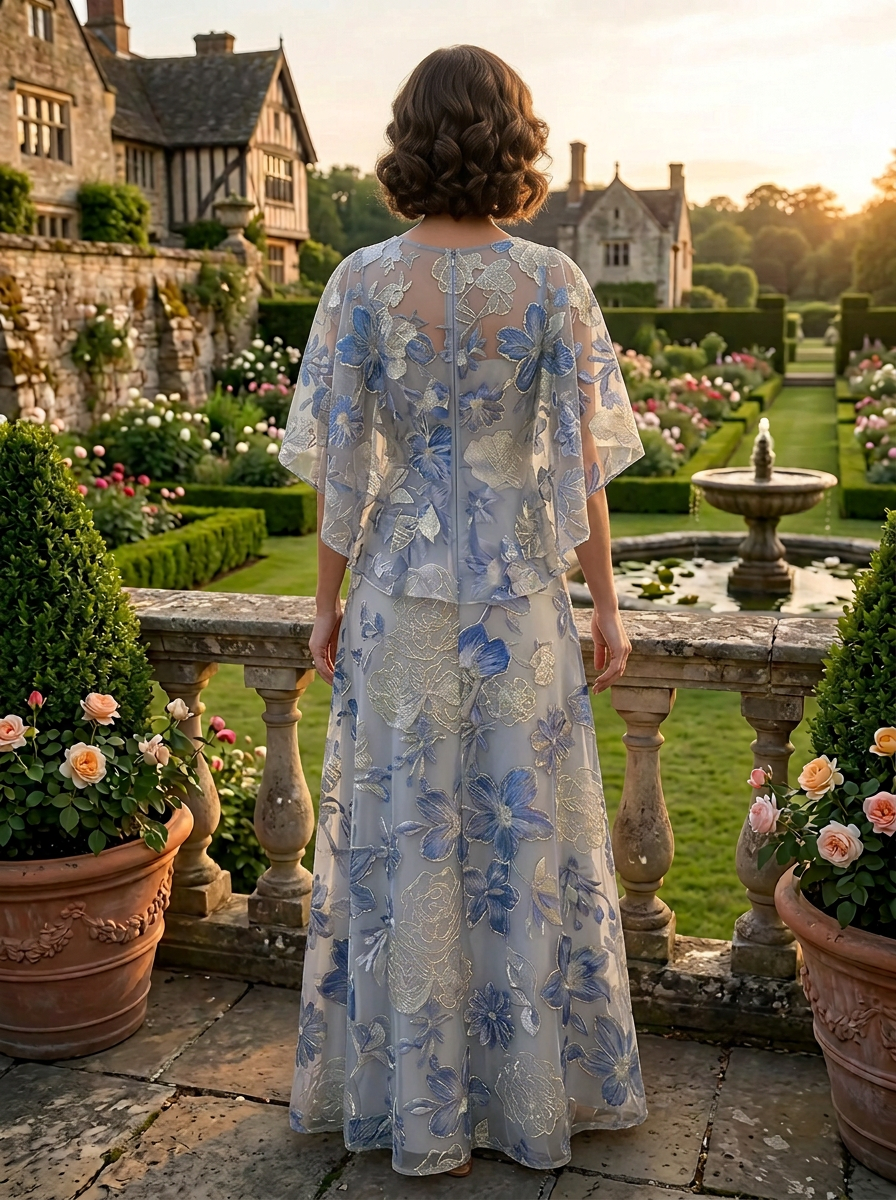 Enchanting Dusty Blue Floral Embroidered Half-Sleeve A-Line Mother of the Bride & Groom Dresses