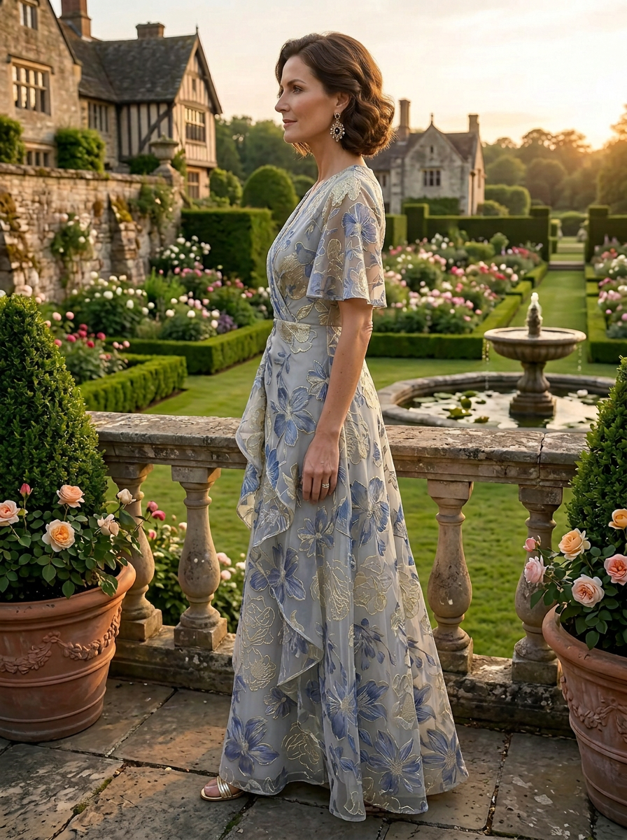 Enchanting Dusty Blue Floral Embroidered Half-Sleeve A-Line Mother of the Bride & Groom Dresses