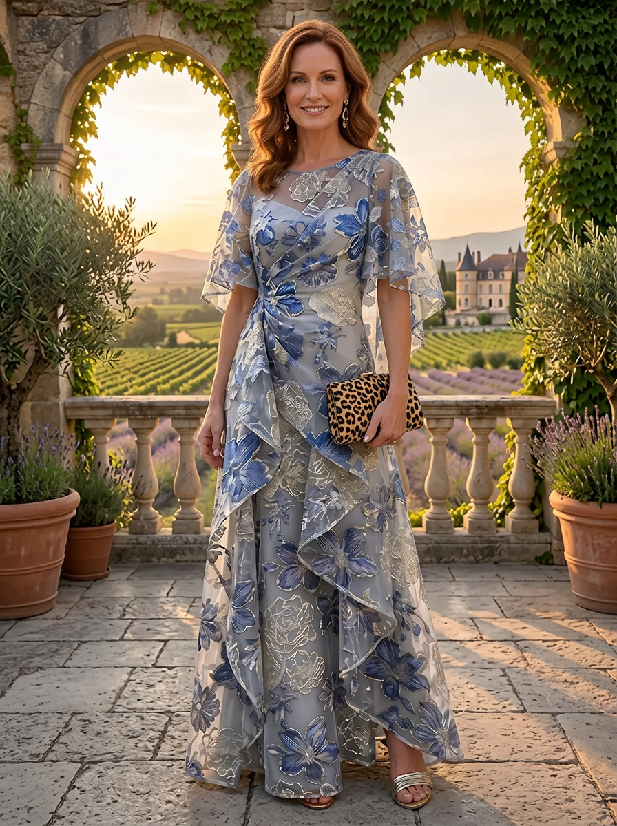 Enchanting Blue Floral Embroidered Capelet A-Line Mother of the Bride & Groom Dresses