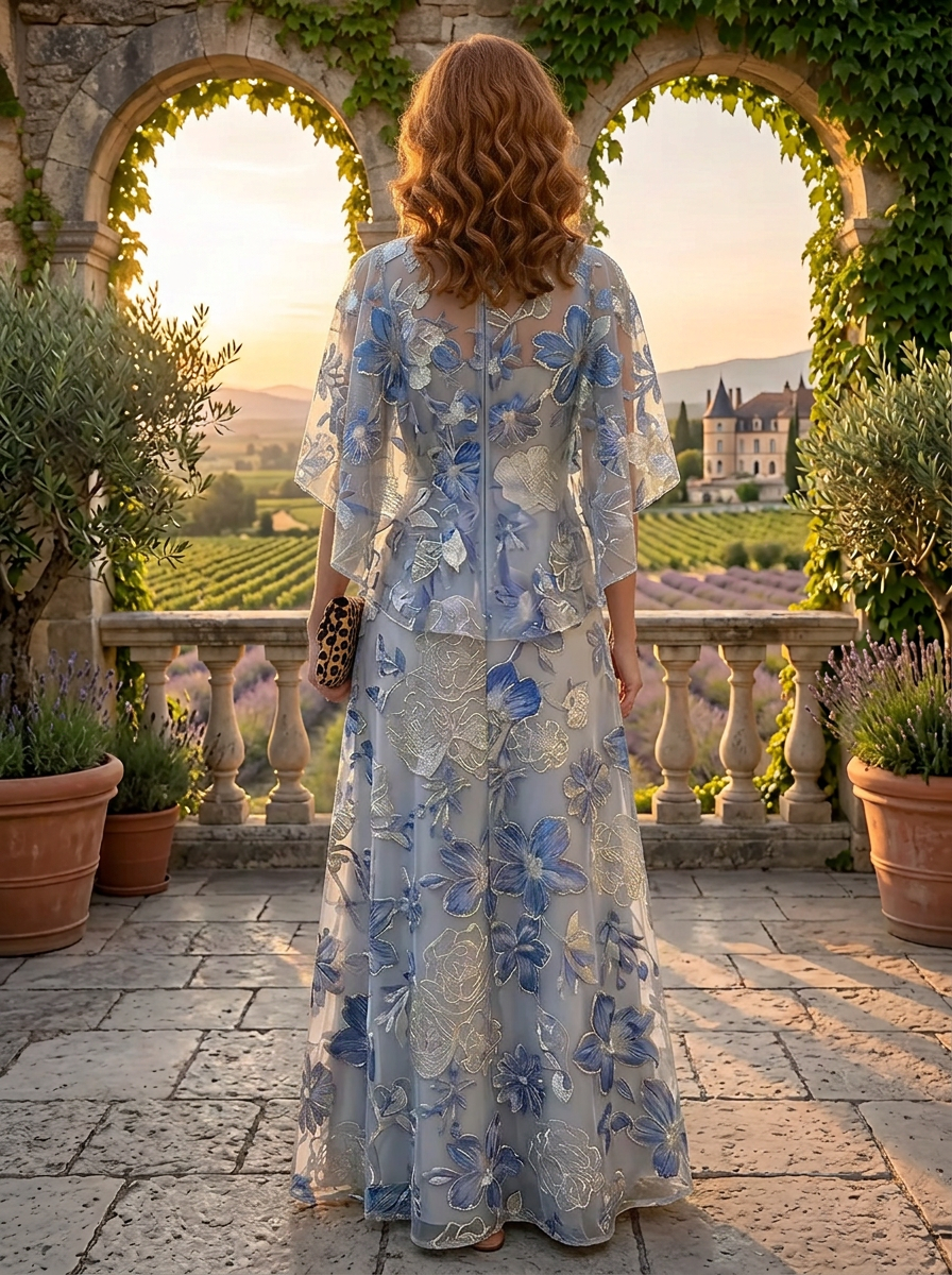 Enchanting Blue Floral Embroidered Capelet A-Line Mother of the Bride & Groom Dresses