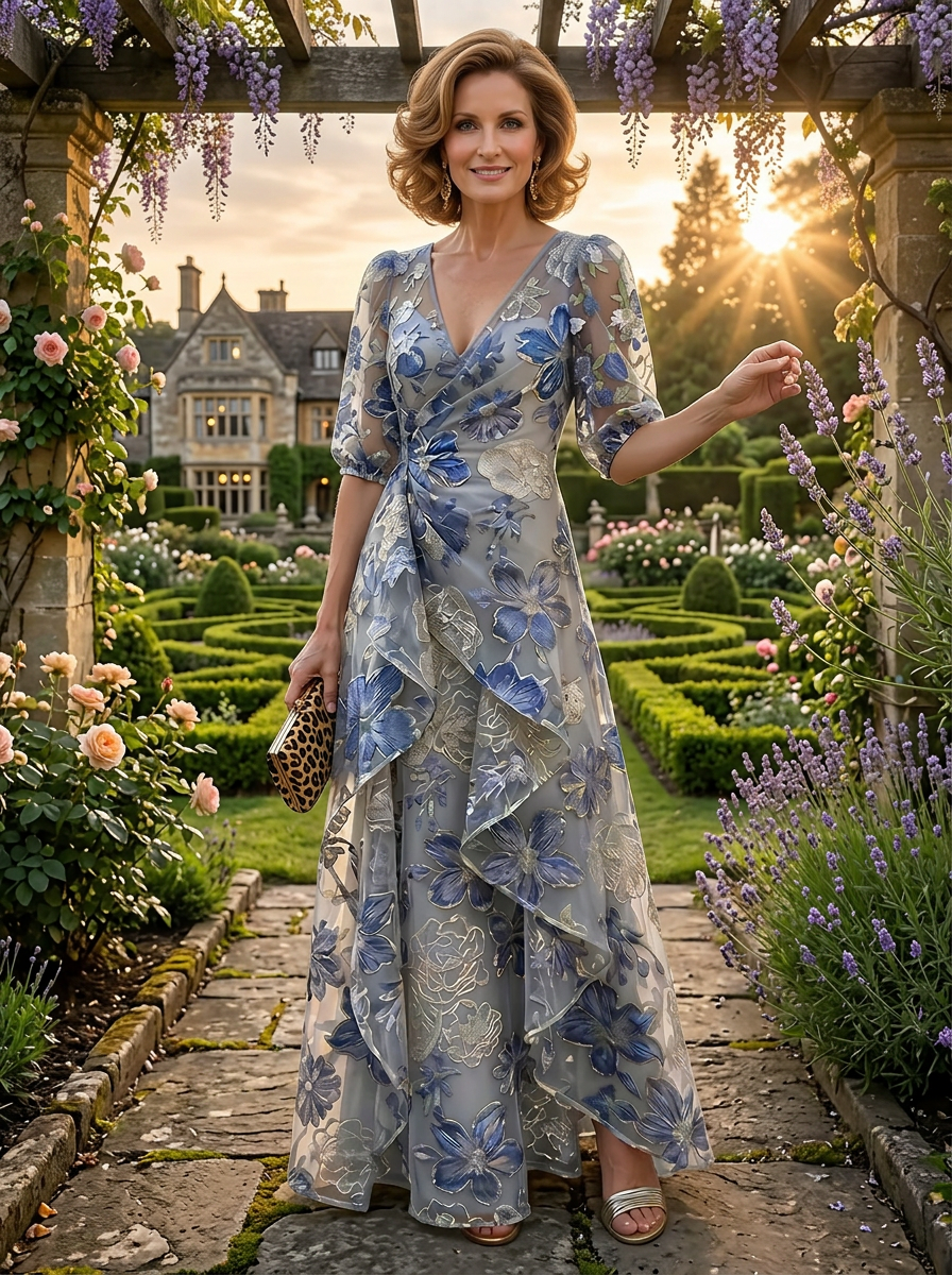 Enchanting Blue Floral Embroidered Half-Sleeve V-Neck A-Line Mother of the Bride & Groom Dresses