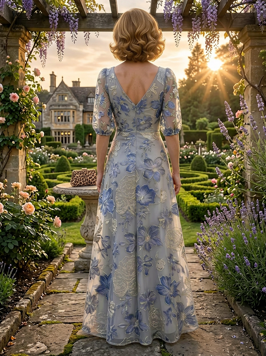 Enchanting Blue Floral Embroidered Half-Sleeve V-Neck A-Line Mother of the Bride & Groom Dresses