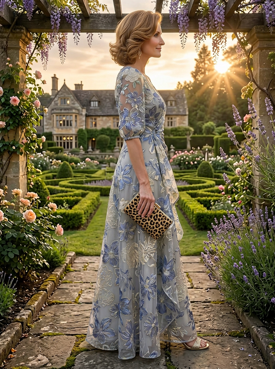 Enchanting Blue Floral Embroidered Half-Sleeve V-Neck A-Line Mother of the Bride & Groom Dresses
