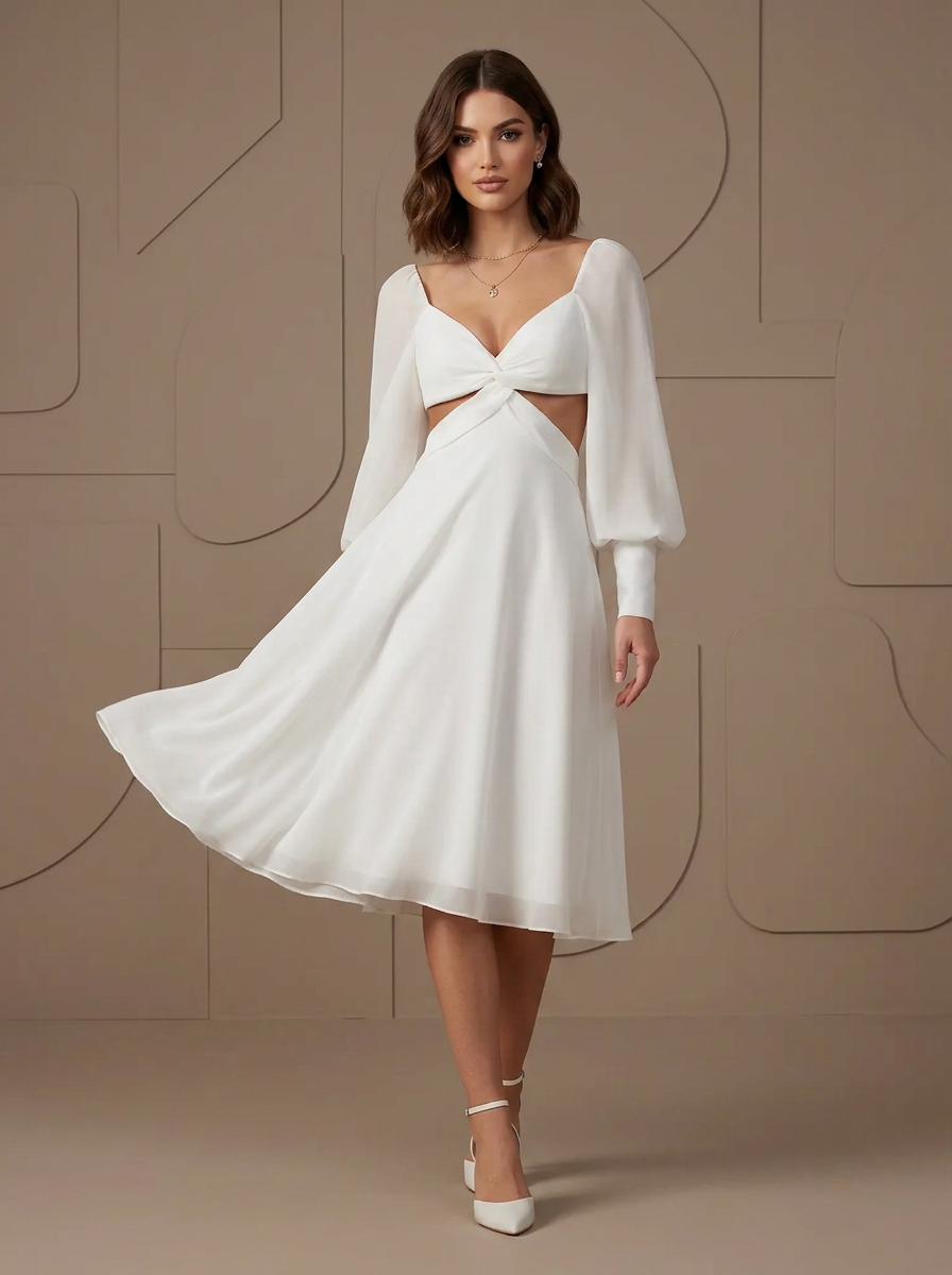 Ethereal Ivory Chiffon Cutout A-Line Midi Wedding Dress with Long Sleeves