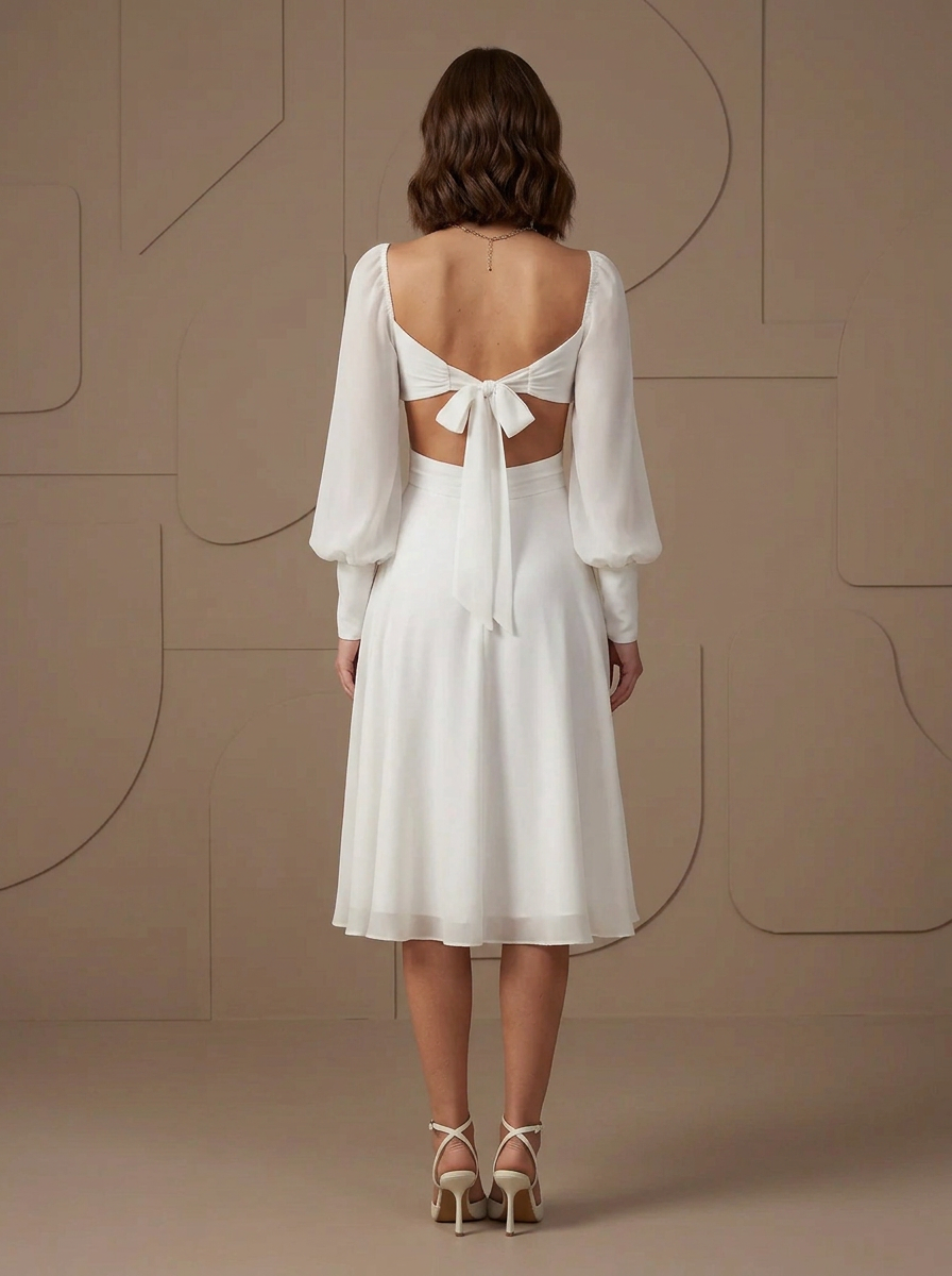 Ethereal Ivory Chiffon Cutout A-Line Midi Wedding Dress with Long Sleeves