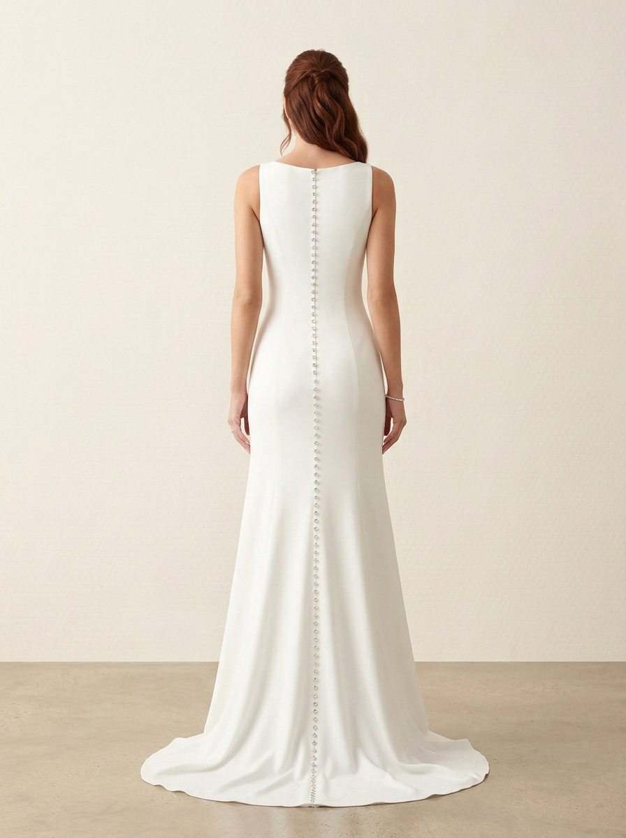 Sleek Ivory Crepe High-Neck Slit Sheath Maxi Wedding Dress 