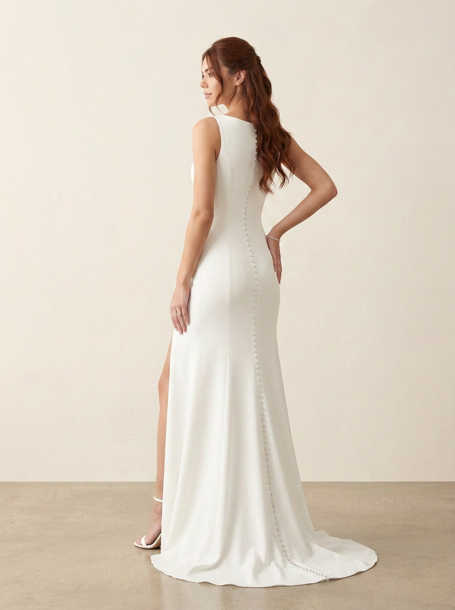 Sleek Ivory Crepe High-Neck Slit Sheath Maxi Wedding Dress 