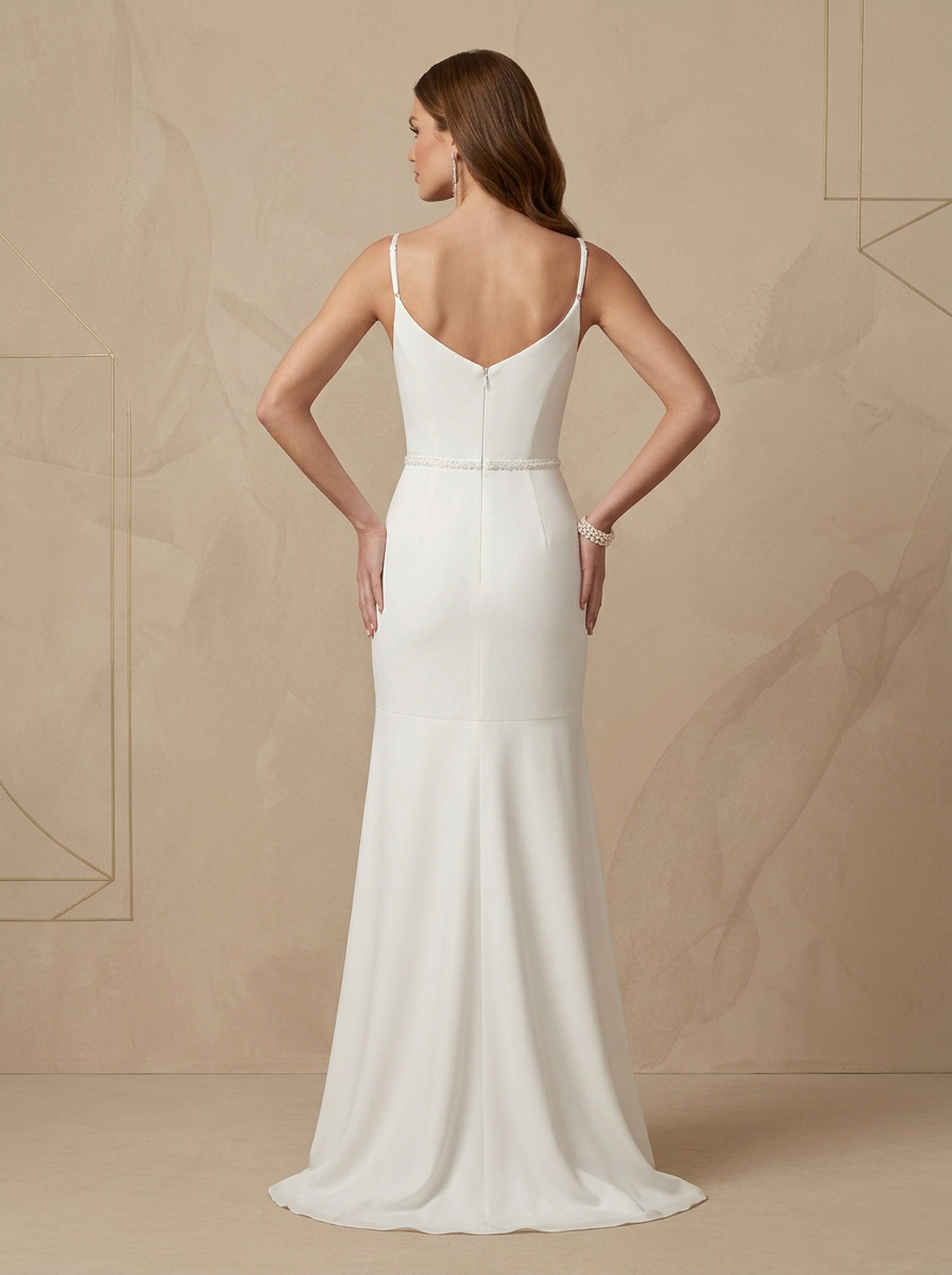 Ethereal Ivory Cami Cowl-Neck High-Low Spaghetti Straps Column Wedding Dress 