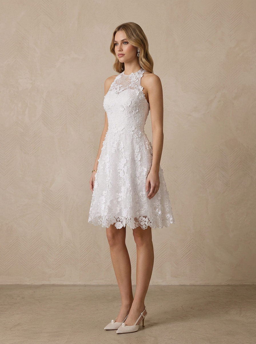 Enchanting White Floral Lace Halter A-Line Mini Wedding Dress 
