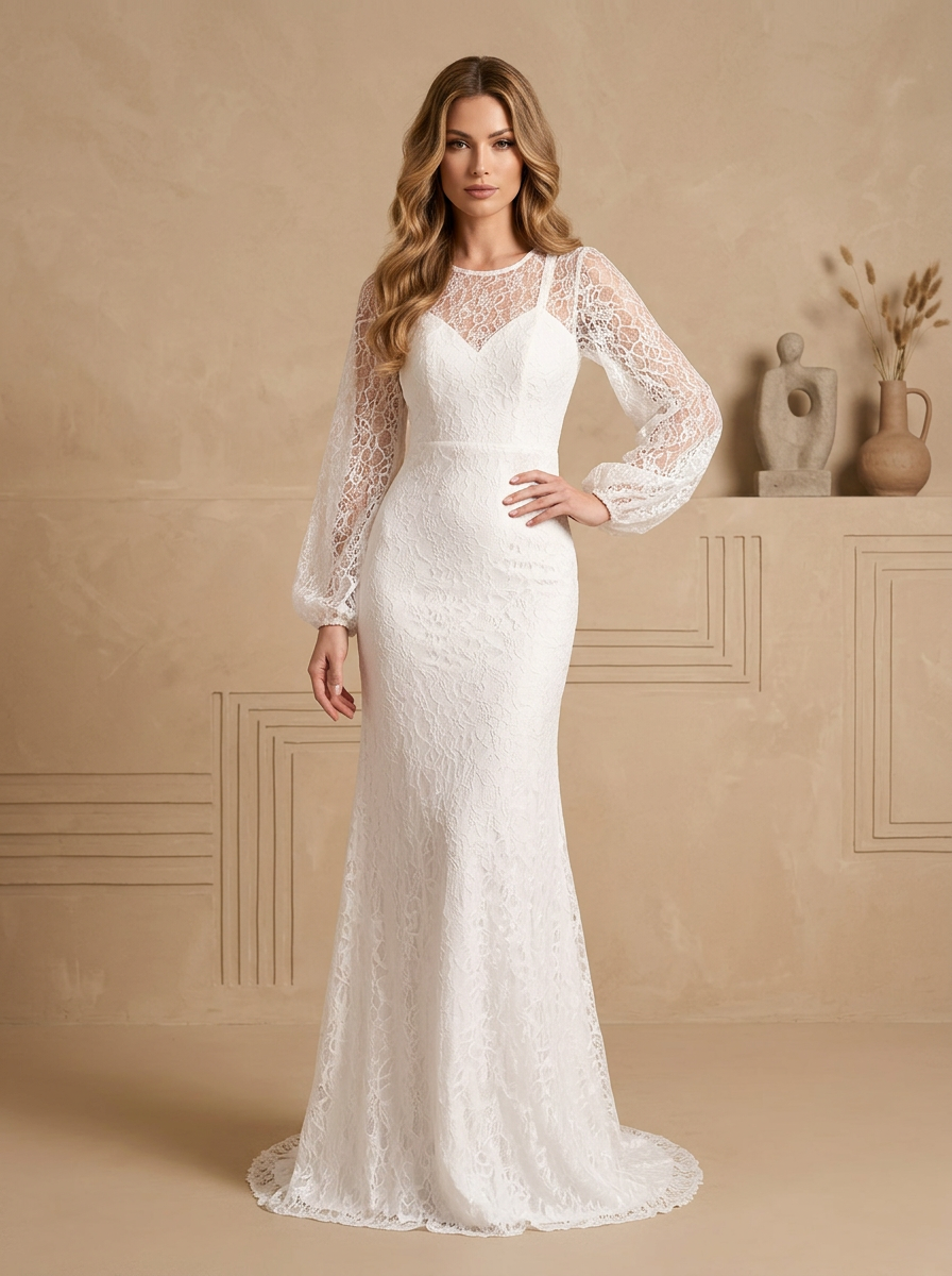 Ethereal White Lace Long-Sleeve Sheath Mermaid Maxi Wedding Dress 