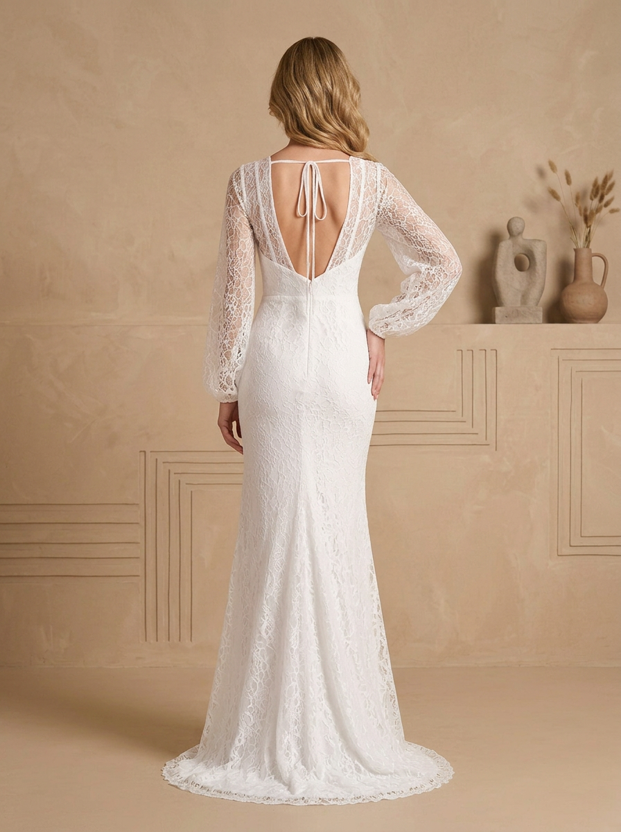 Ethereal White Lace Long-Sleeve Sheath Mermaid Maxi Wedding Dress 