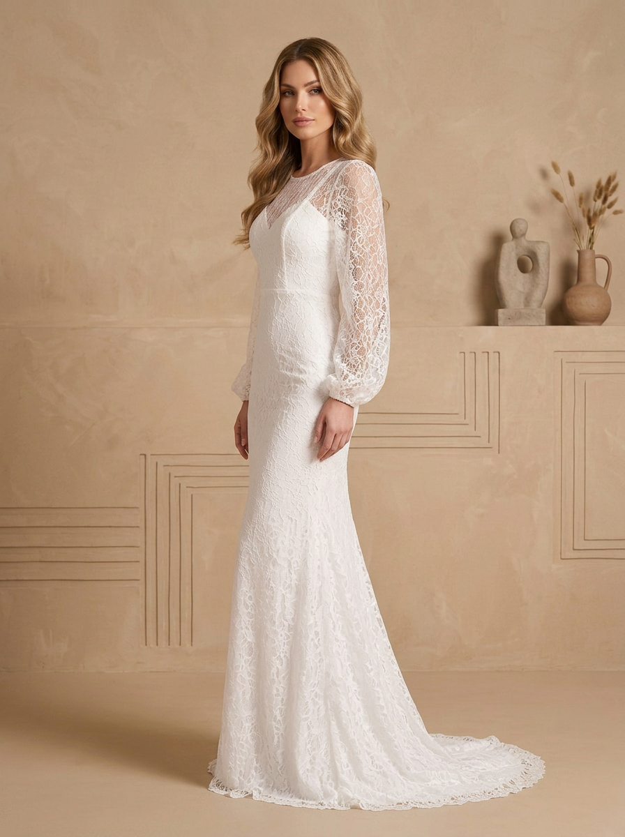 Ethereal White Lace Long-Sleeve Sheath Mermaid Maxi Wedding Dress 