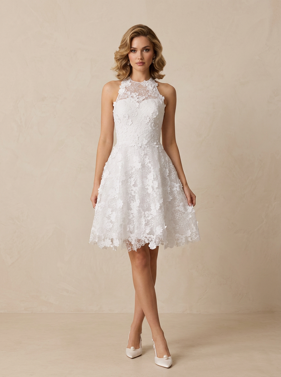 Enchanting White Floral Lace Halter A-Line Mini Wedding Dress 